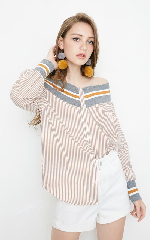 綾致 vero moda春夏新款螺紋一字領(lǐng)條紋燈籠袖襯衫女 318305510 rs服裝 福卡商城